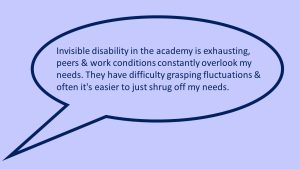 Image of one slide from the presentation depicting a quote from a participant: Invisible disability in the academy is exhausting, peers & work conditions constantly overlook my needs. They have difficulty grasping fluctuations & often it's easier to just shrug off my needs.