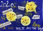 Collage of representation of yellow Covid virus on blue background, and words from newspaper articles. Words are: chaos, hundreds, fears, grief, infectious. In white ink: 2020, These are the days