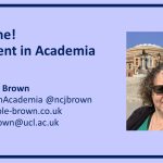 Cover slide showing title "Imagine! Different in academia" and contact details along with a photo of Nicole Brown wearing sunglasses and sitting in front of the Royal Albert Hall in London.